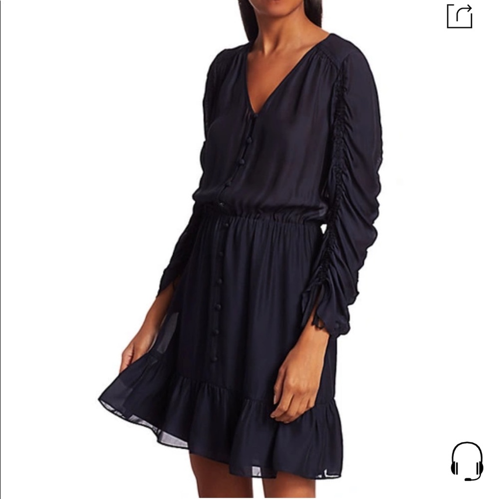 PARKER Fletcher Ruched Three-quarter Sleeve Ruffle Dress In Midnight/Navy size S